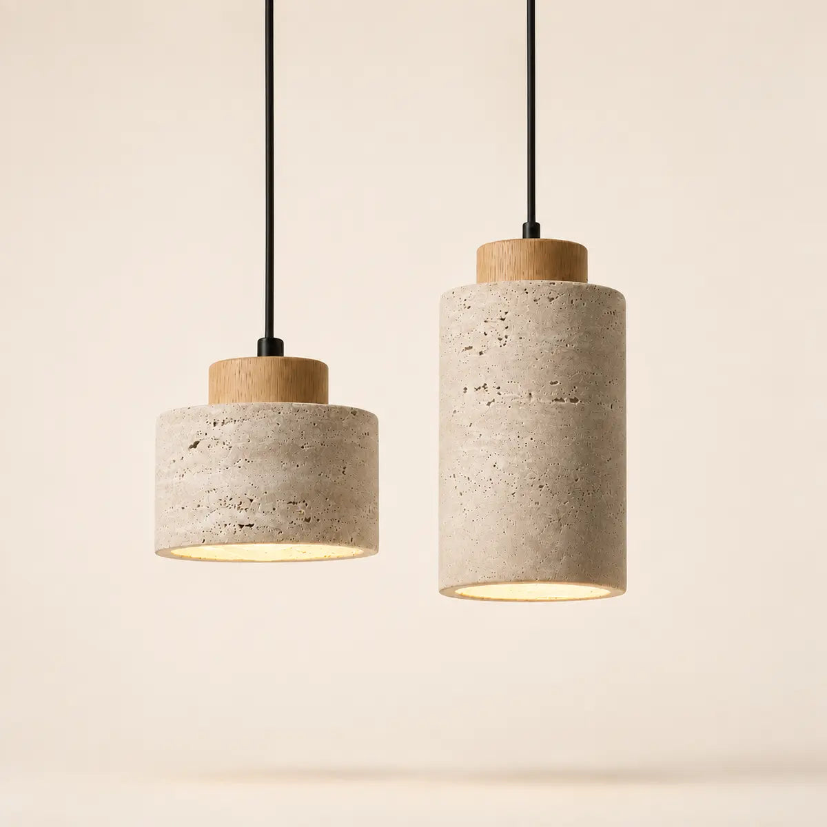Pendelleuchte aus Stein und Holz als Design-Lampe
