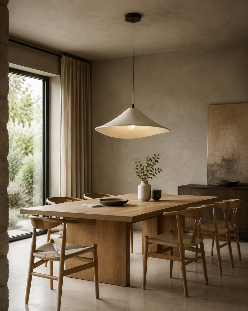 Pendelleuchte in einem warmen, modernen Esszimmer