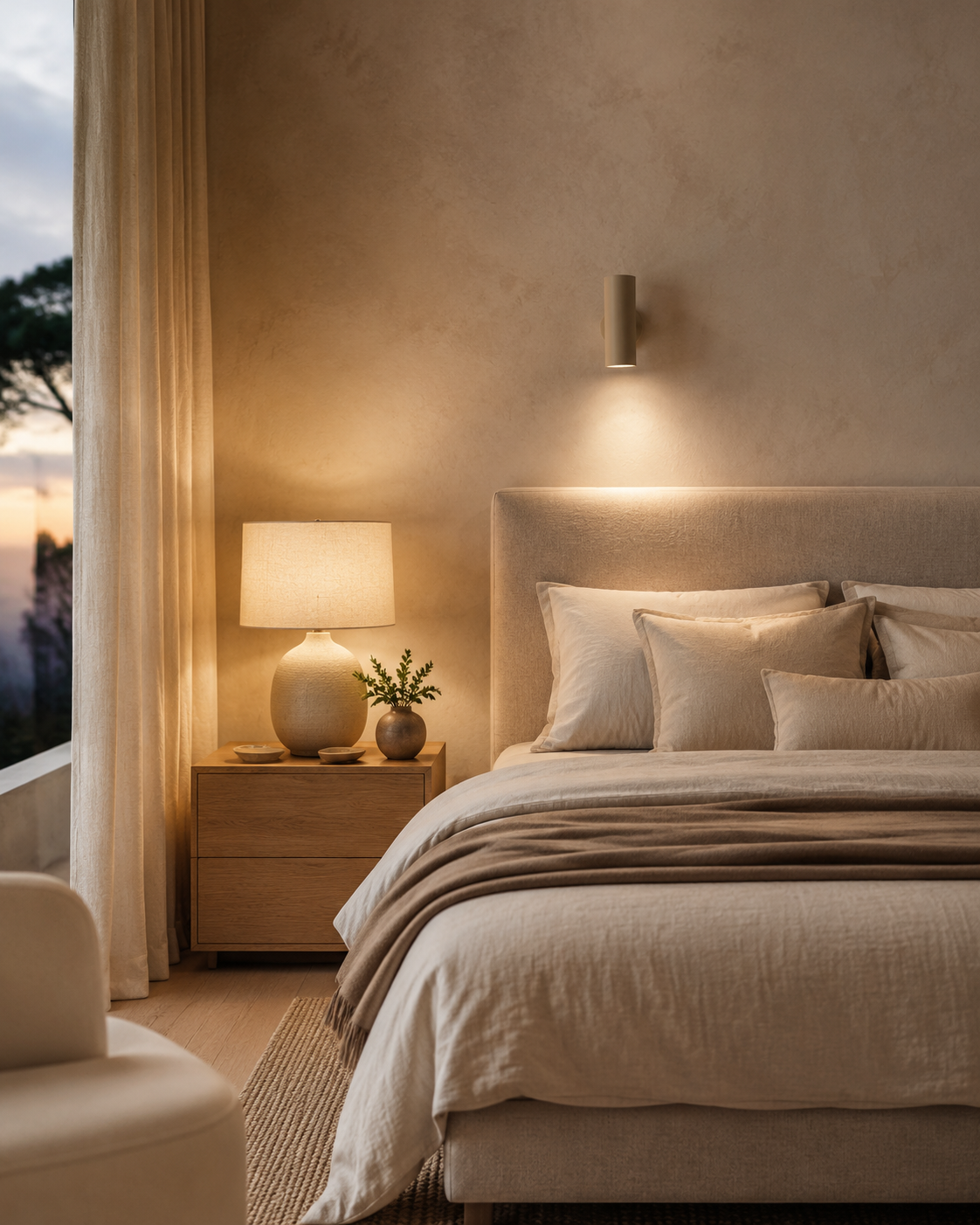 Ruhiges Schlafzimmer mit warmer Tisch- und Wandleuchte