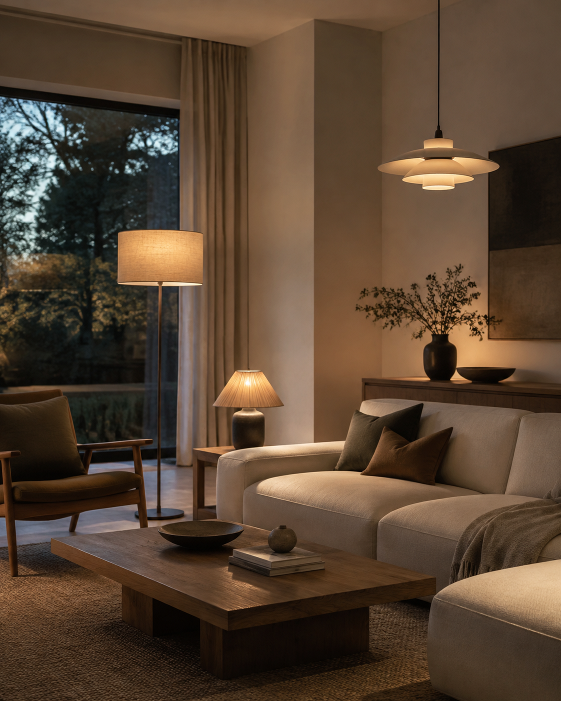 Wohnzimmer mit warm geschichteter Beleuchtung