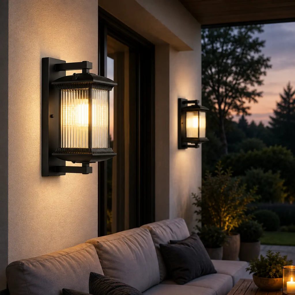 Außenwandleuchte mit warmem Licht an einer Terrasse