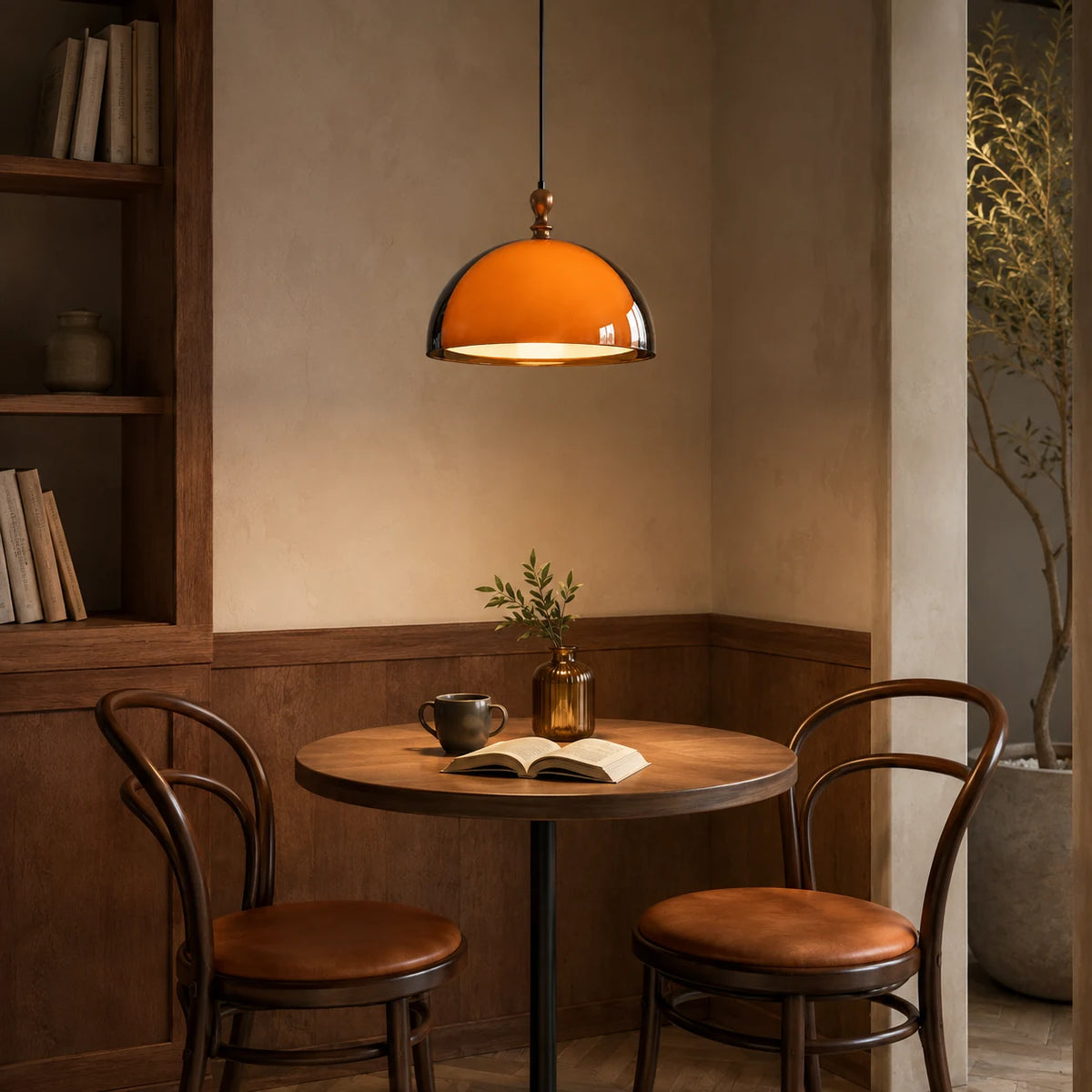 Orangefarbene Pendelleuchte in einer Café-Ecke