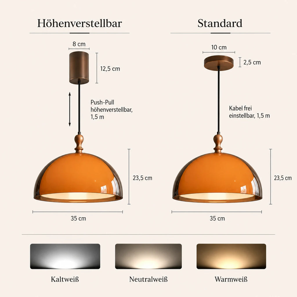 Maße und Lichtfarben der orangefarbenen Bauhaus-Pendelleuchte