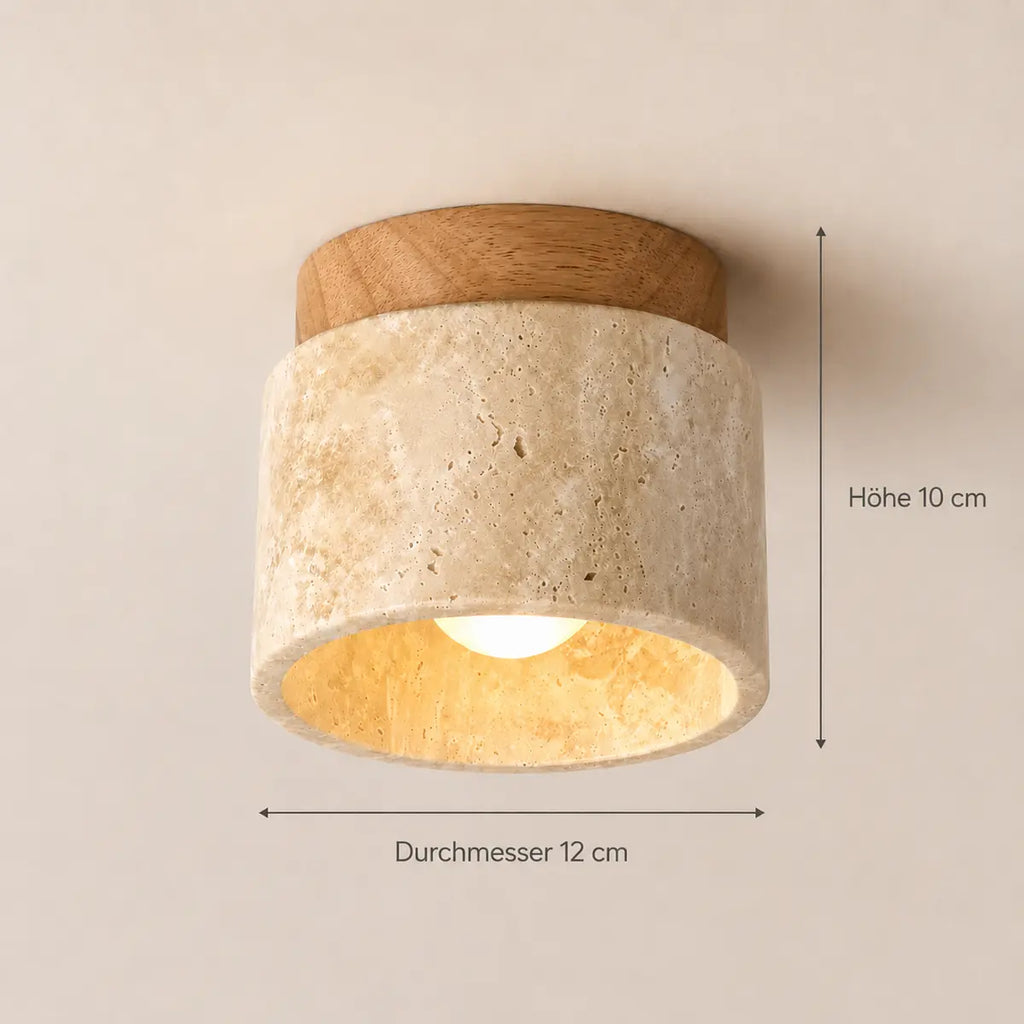 Maße der runden Deckenleuchte aus Stein und Holz: Höhe 10 cm, Durchmesser 12 cm