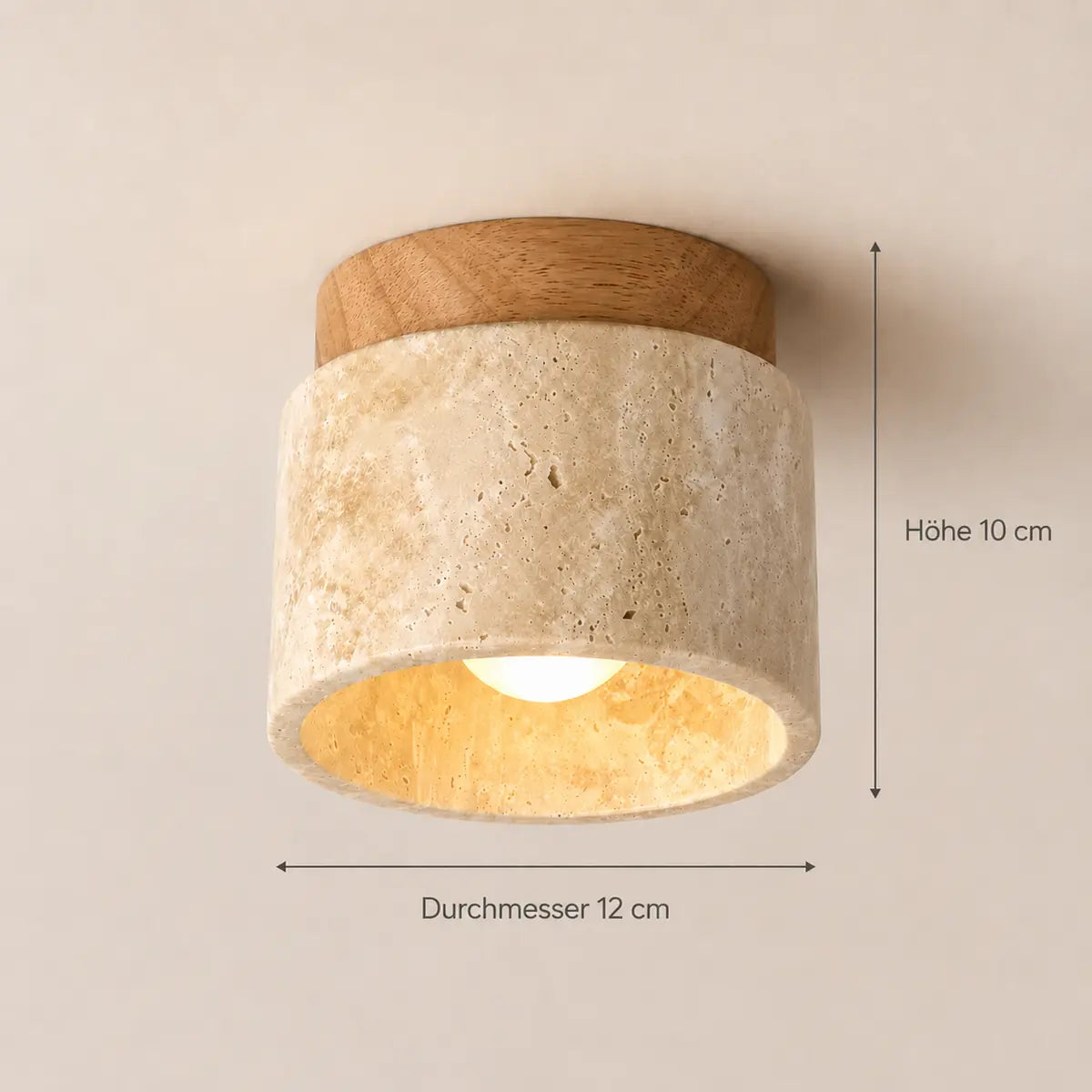 Maße der runden Deckenleuchte aus Stein und Holz: Höhe 10 cm, Durchmesser 12 cm
