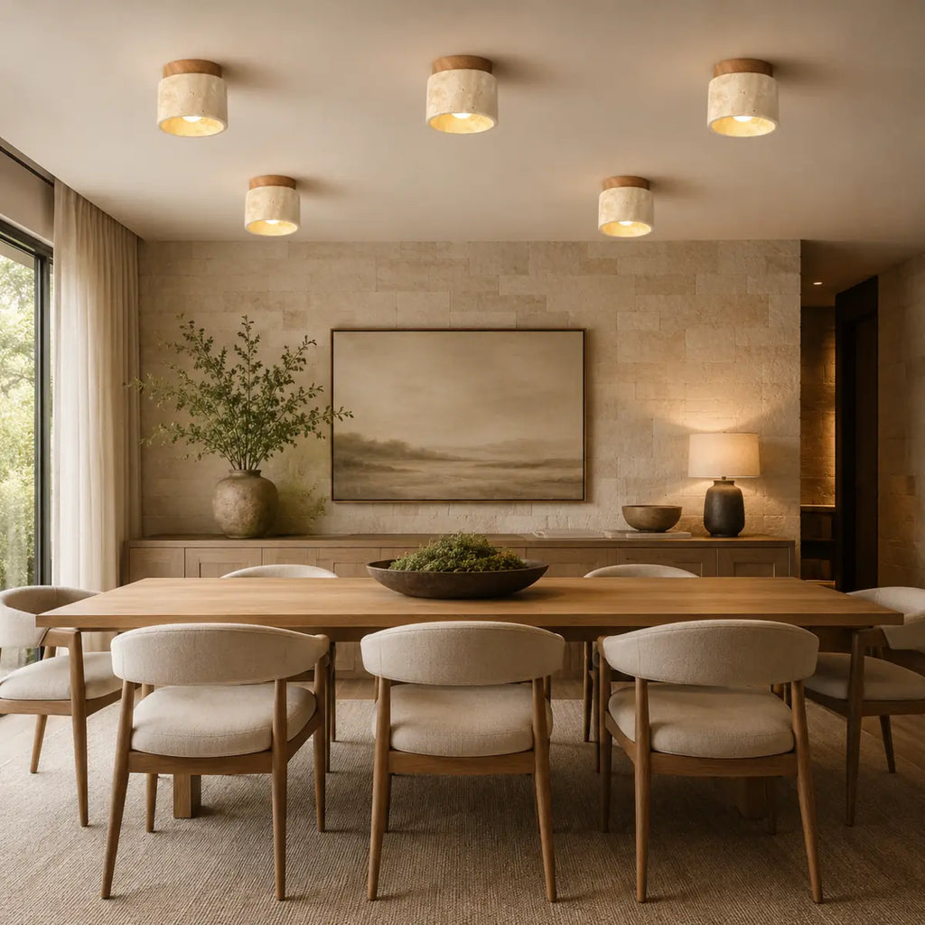 Runde Deckenleuchten aus Stein und Holz über einem Esstisch im warmen Japandi-Wohnzimmer