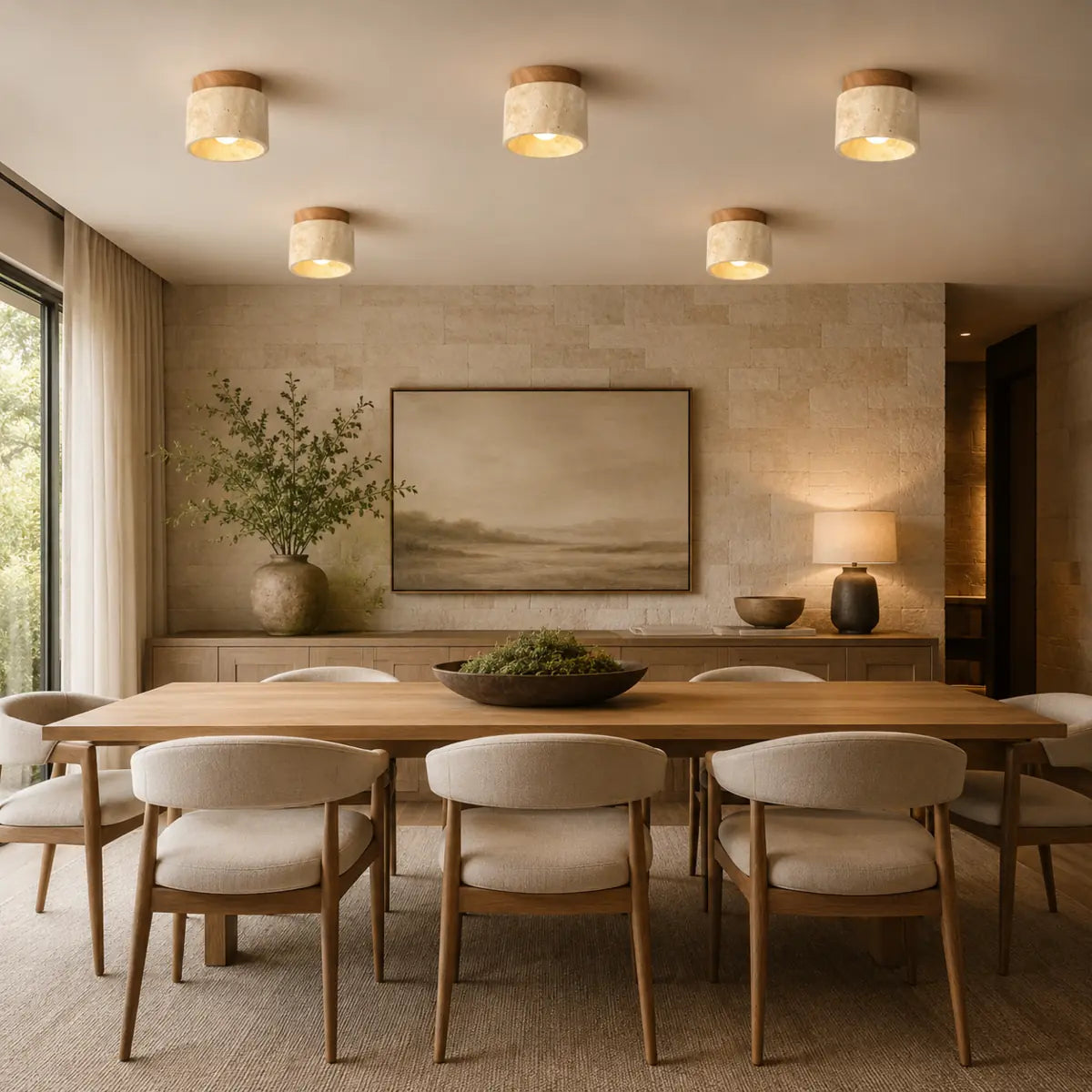 Runde Deckenleuchten aus Stein und Holz über einem Esstisch im warmen Japandi-Wohnzimmer