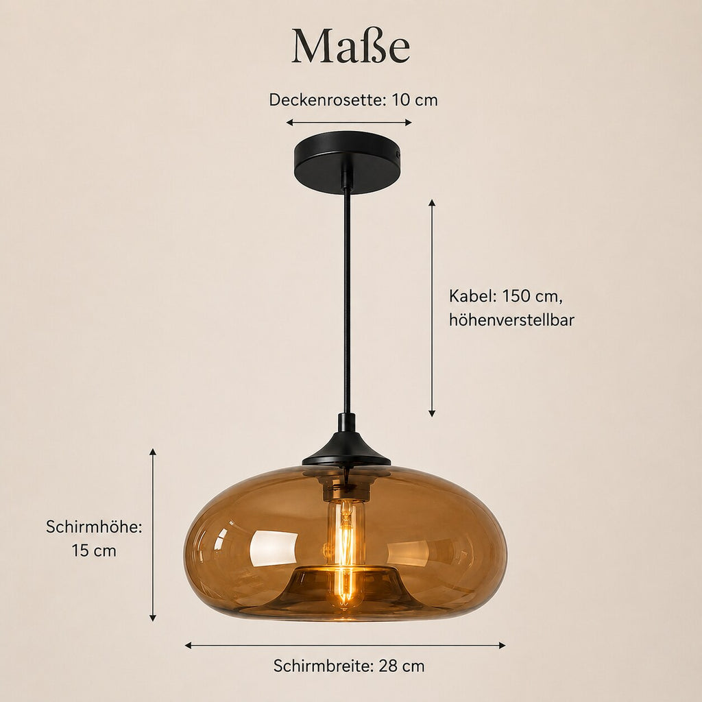 Maße der farbigen Glas-Pendelleuchte: Deckenrosette 10 cm, Schirm 15 cm hoch und 28 cm breit, Kabel 150 cm