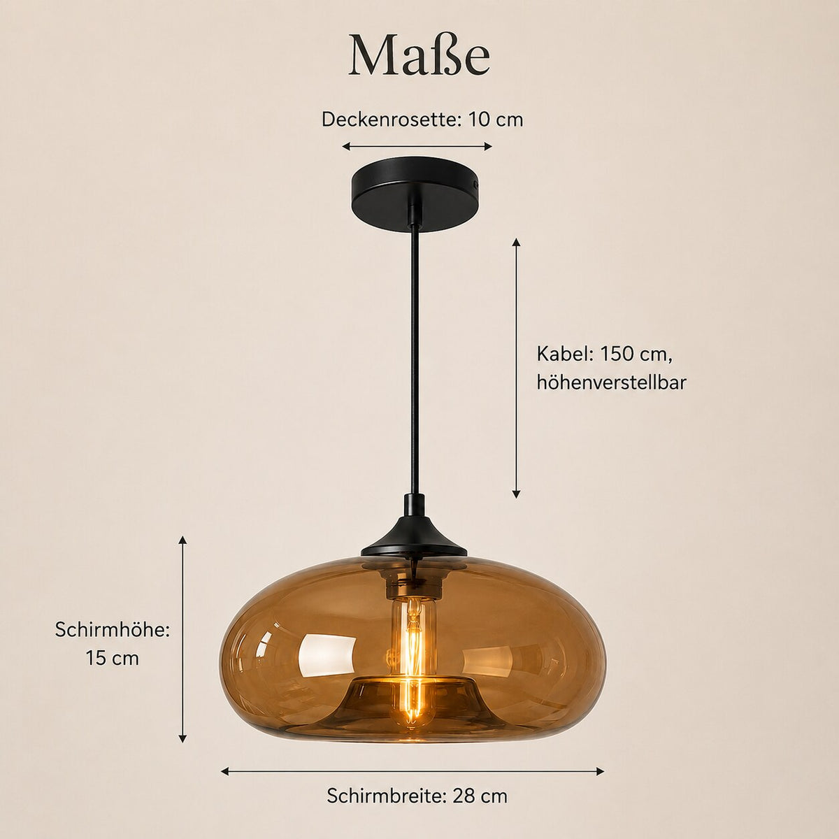 Maße der farbigen Glas-Pendelleuchte: Deckenrosette 10 cm, Schirm 15 cm hoch und 28 cm breit, Kabel 150 cm