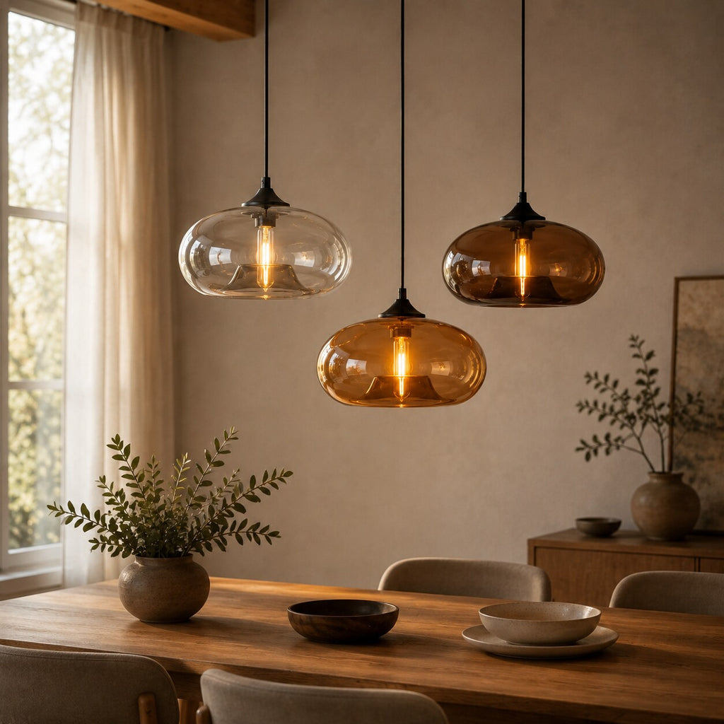 Farbige Glas-Pendelleuchten über einem Esstisch in einem warmen modernen Esszimmer