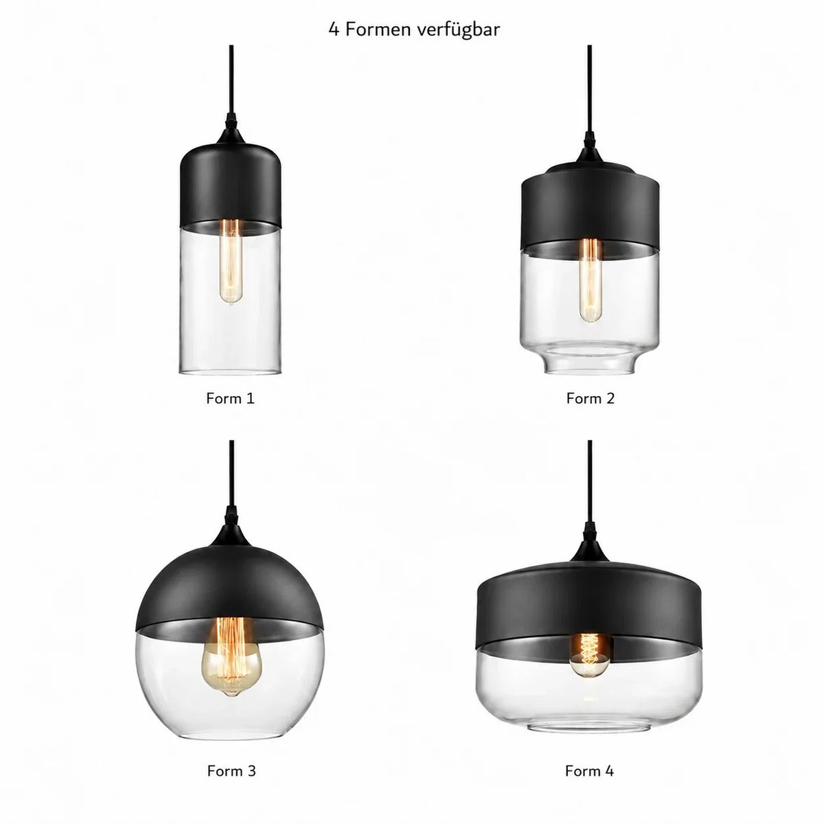 Übersicht der vier schwarzen Formen der Glas-Pendelleuchte