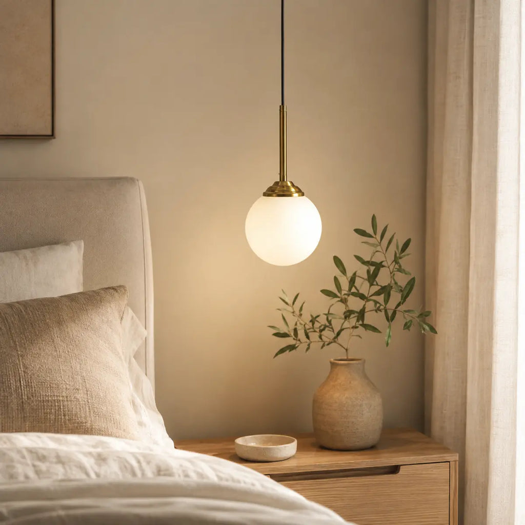 Weiße Glaskugel-Pendelleuchte neben einem Bett im warmen Schlafzimmer