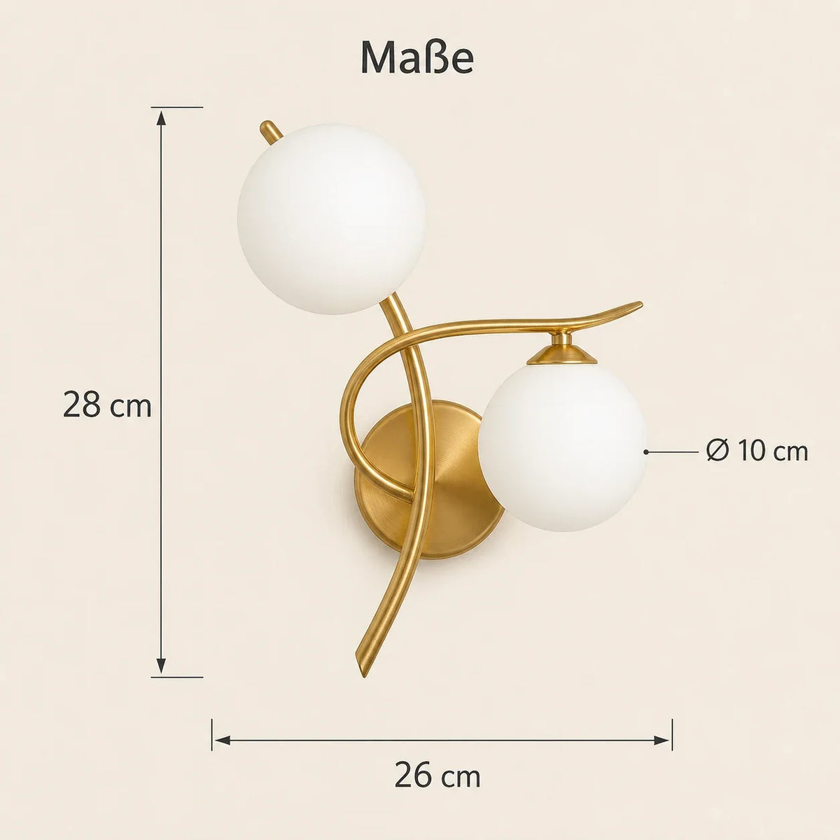 Maße der modernen Glasball-Wandleuchte in Zentimetern