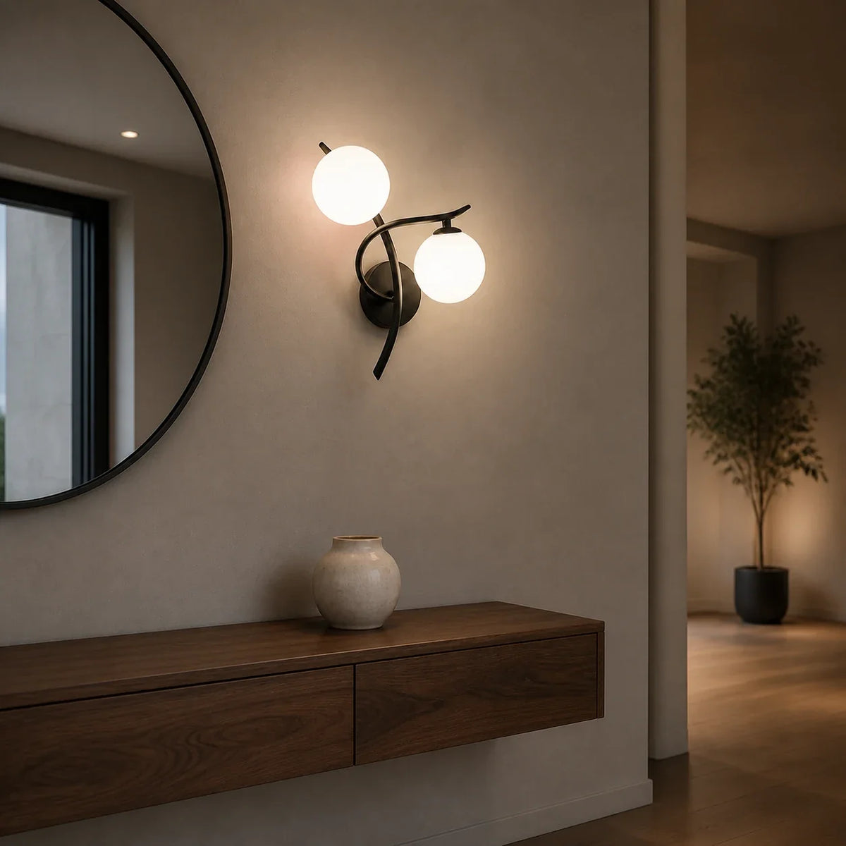 Schwarze Glasball-Wandleuchte mit zwei Glaskugeln über einem Sideboard im Wohnzimmer