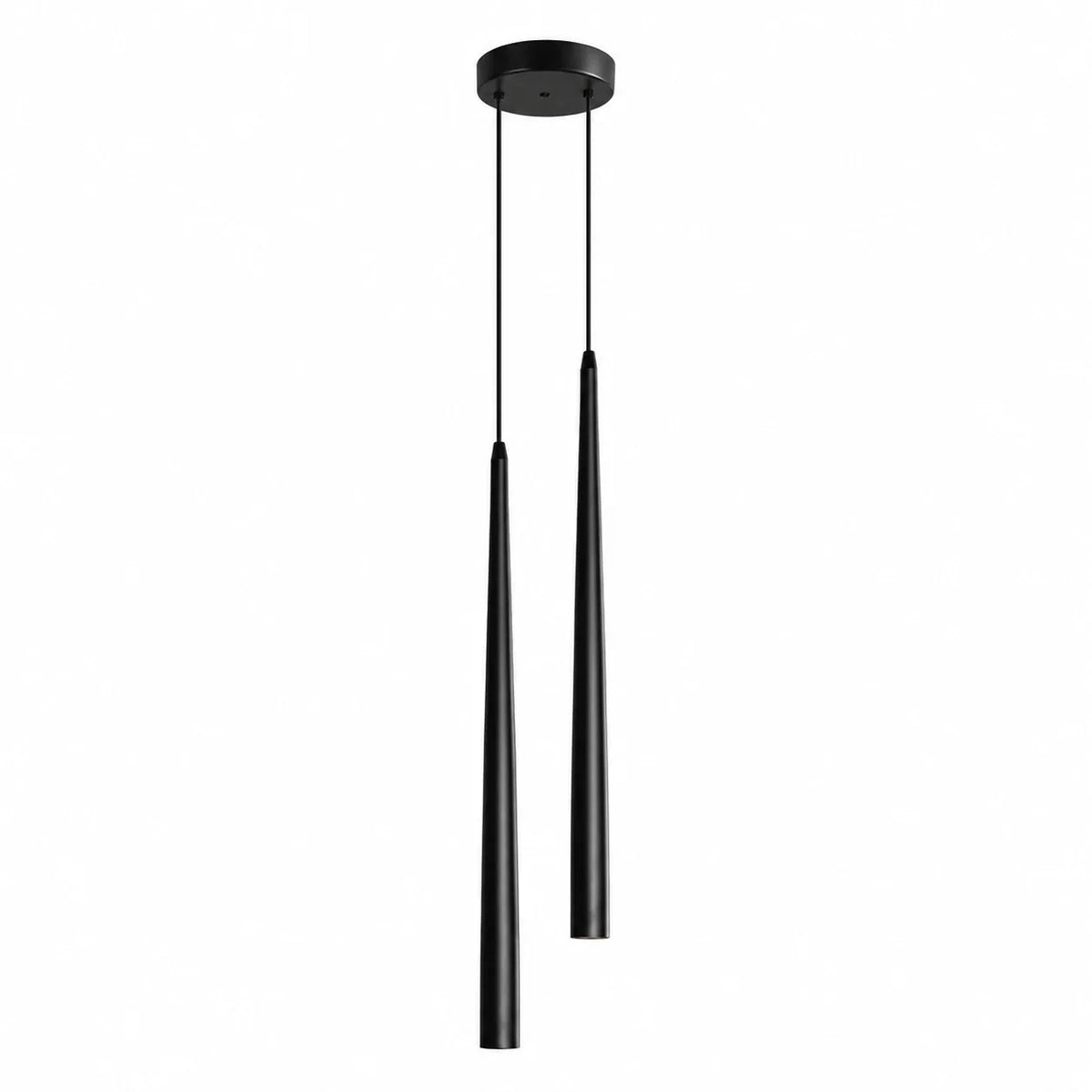 Schwarze zweiflammige LED-Pendelleuchte mit zwei schlanken zylindrischen Leuchtenkörpern, Produktansicht