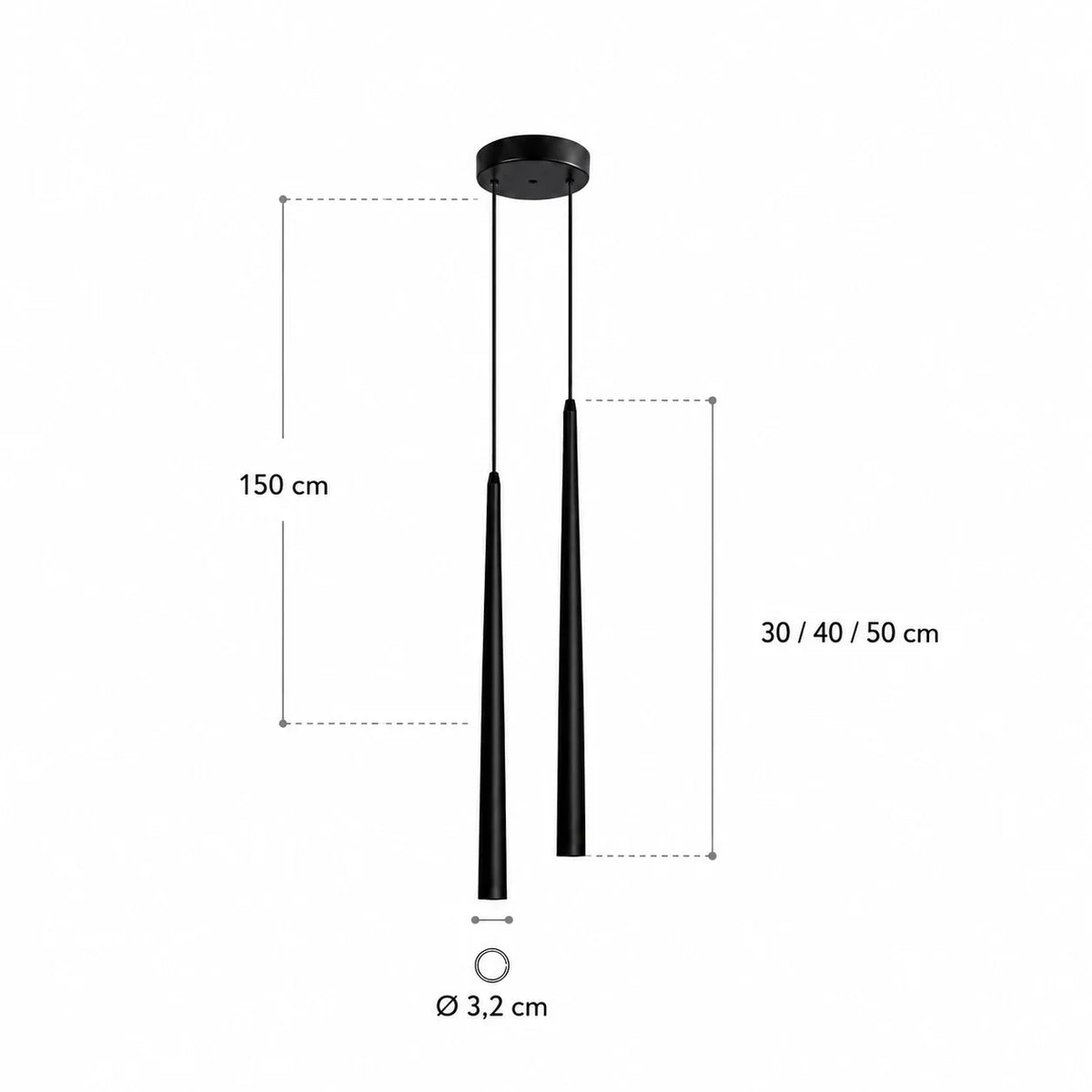 Maße der zweiflammigen LED-Pendelleuchte: Kabel bis 150 cm, Leuchtenkörper 30, 40 oder 50 cm, Durchmesser 3,2 cm