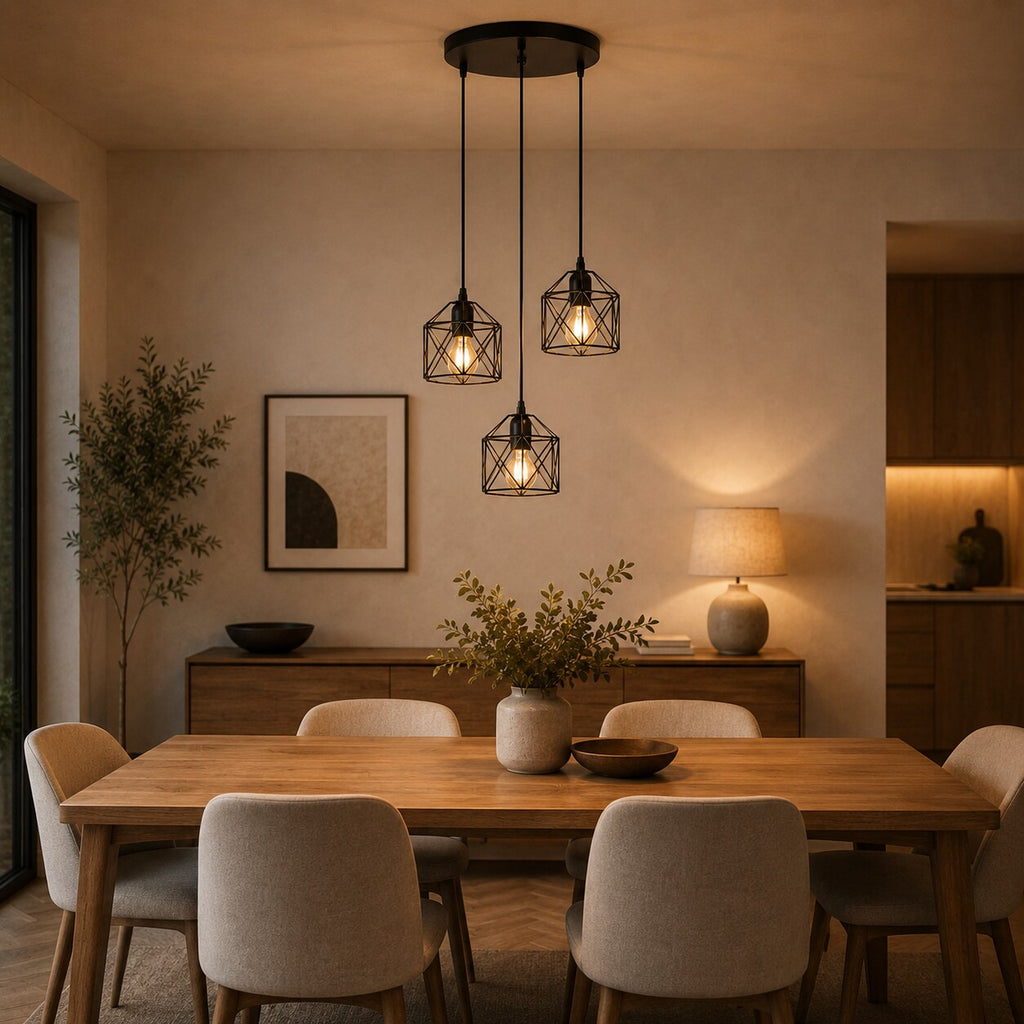 Dreiflammige schwarze Industrial-Pendelleuchte im Esszimmer
