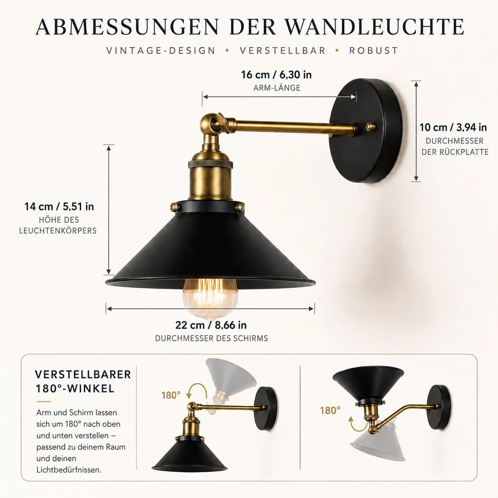 Abmessungen der industriellen Wandleuchte aus Metall – 16 cm Arm, 10 cm Rückplatte, 22 cm Schirm
