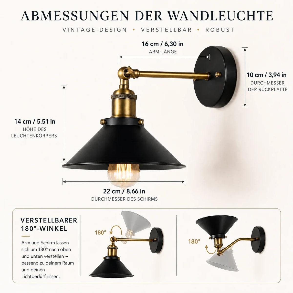 Abmessungen der industriellen Wandleuchte aus Metall – 16 cm Arm, 10 cm Rückplatte, 22 cm Schirm