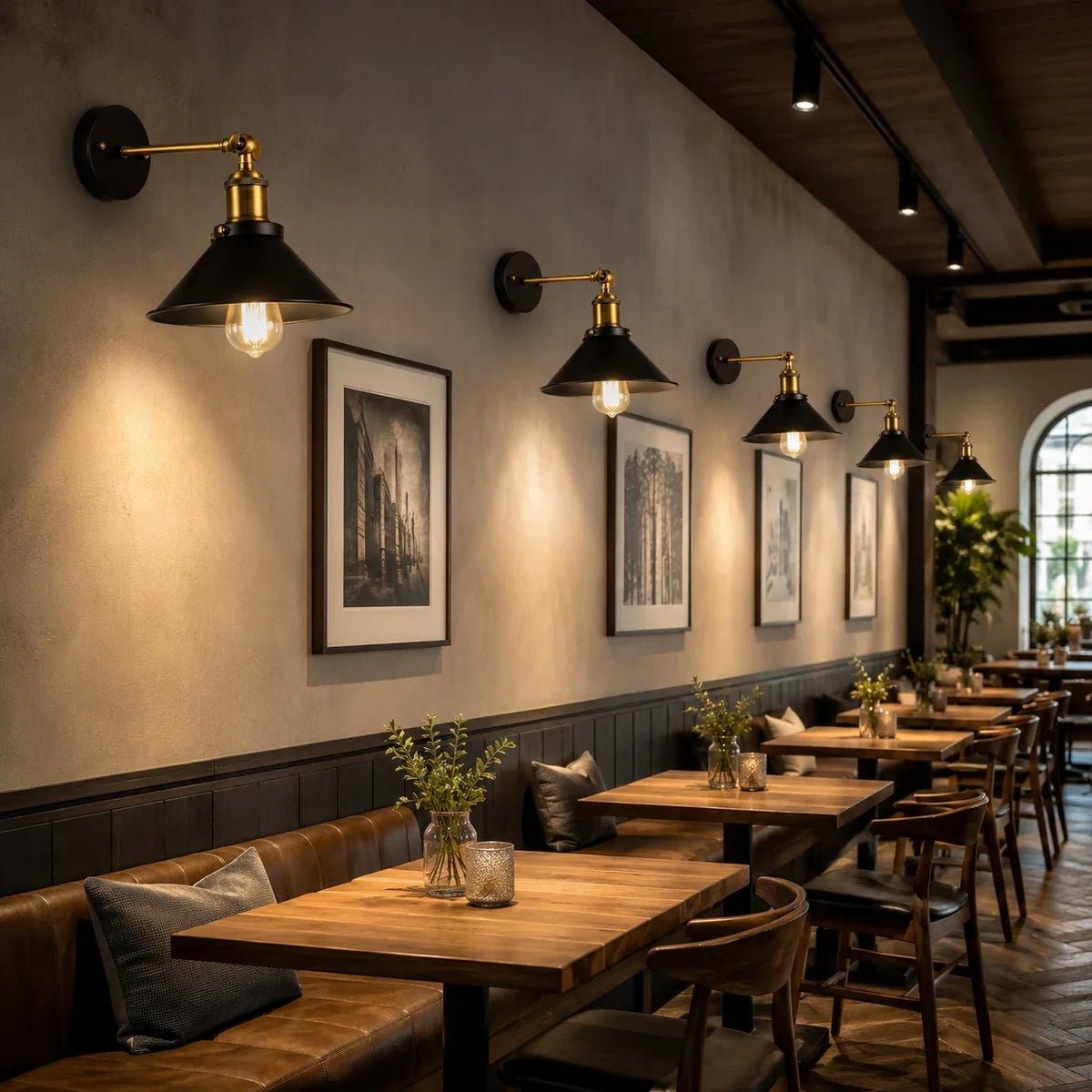 Industrielle schwarze Wandleuchten in einem stilvollen Restaurantflur