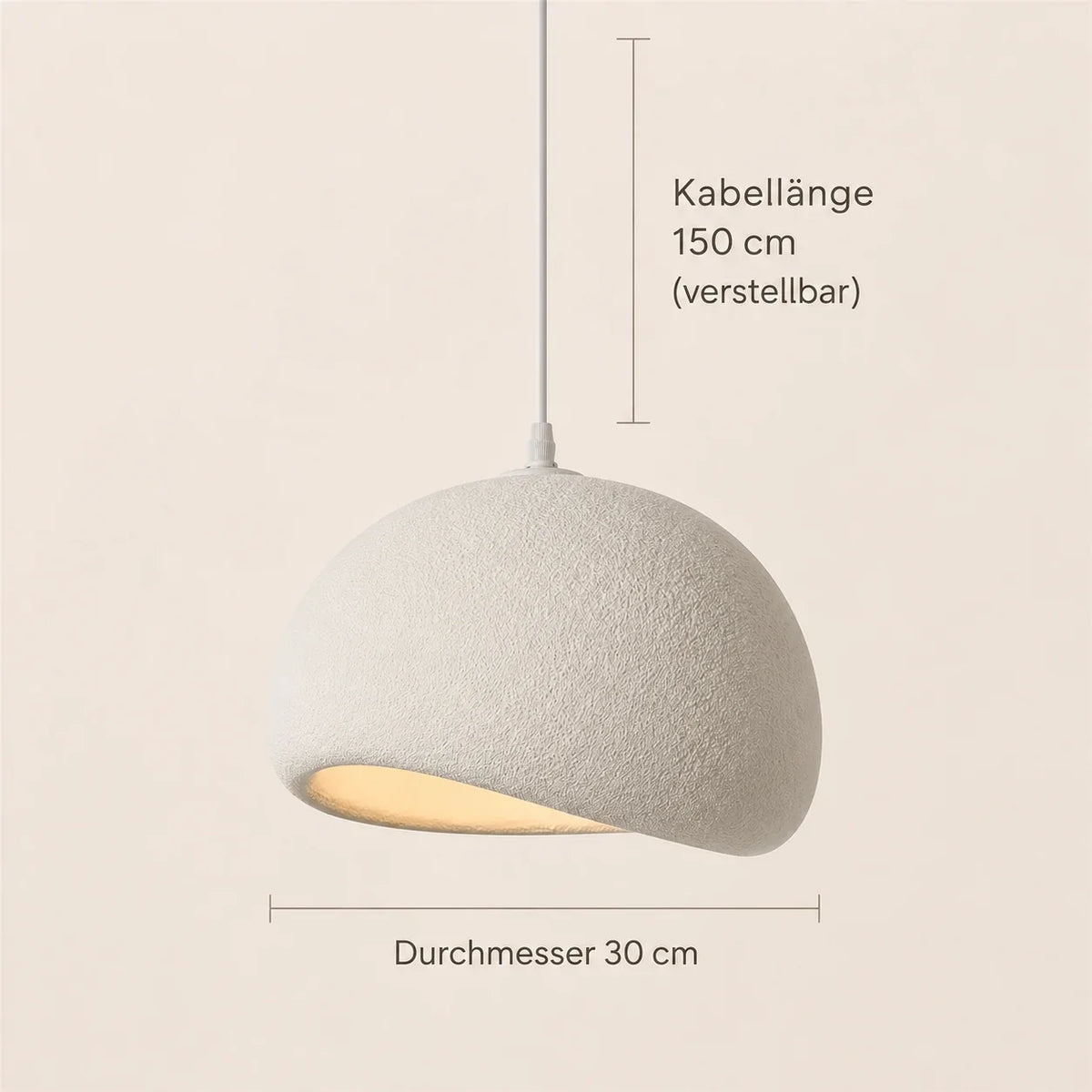 Maße der weißen Pendelleuchte mit 30 cm Durchmesser und 150 cm verstellbarer Kabellänge