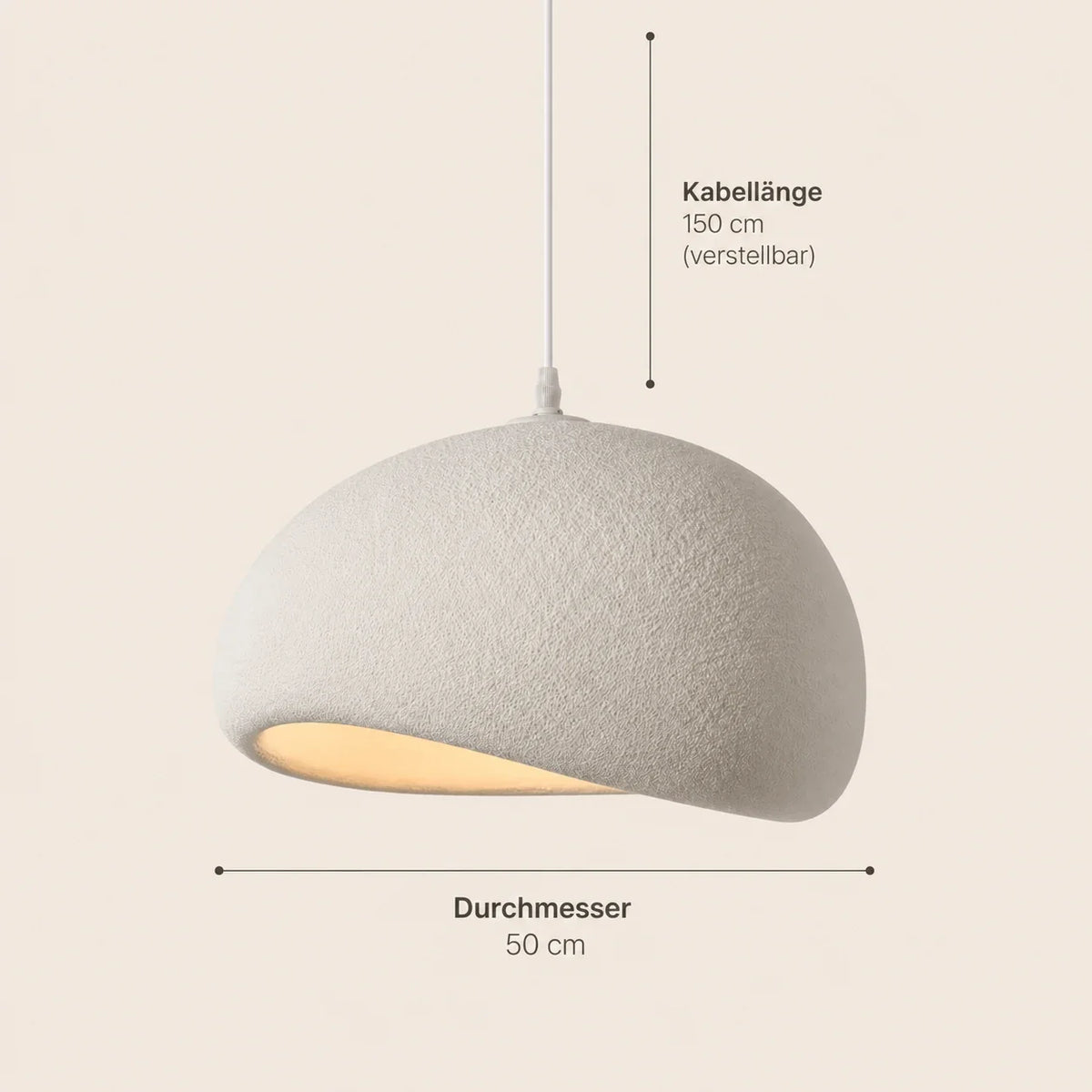 Maße der weißen Pendelleuchte mit 50 cm Durchmesser und 150 cm verstellbarer Kabellänge