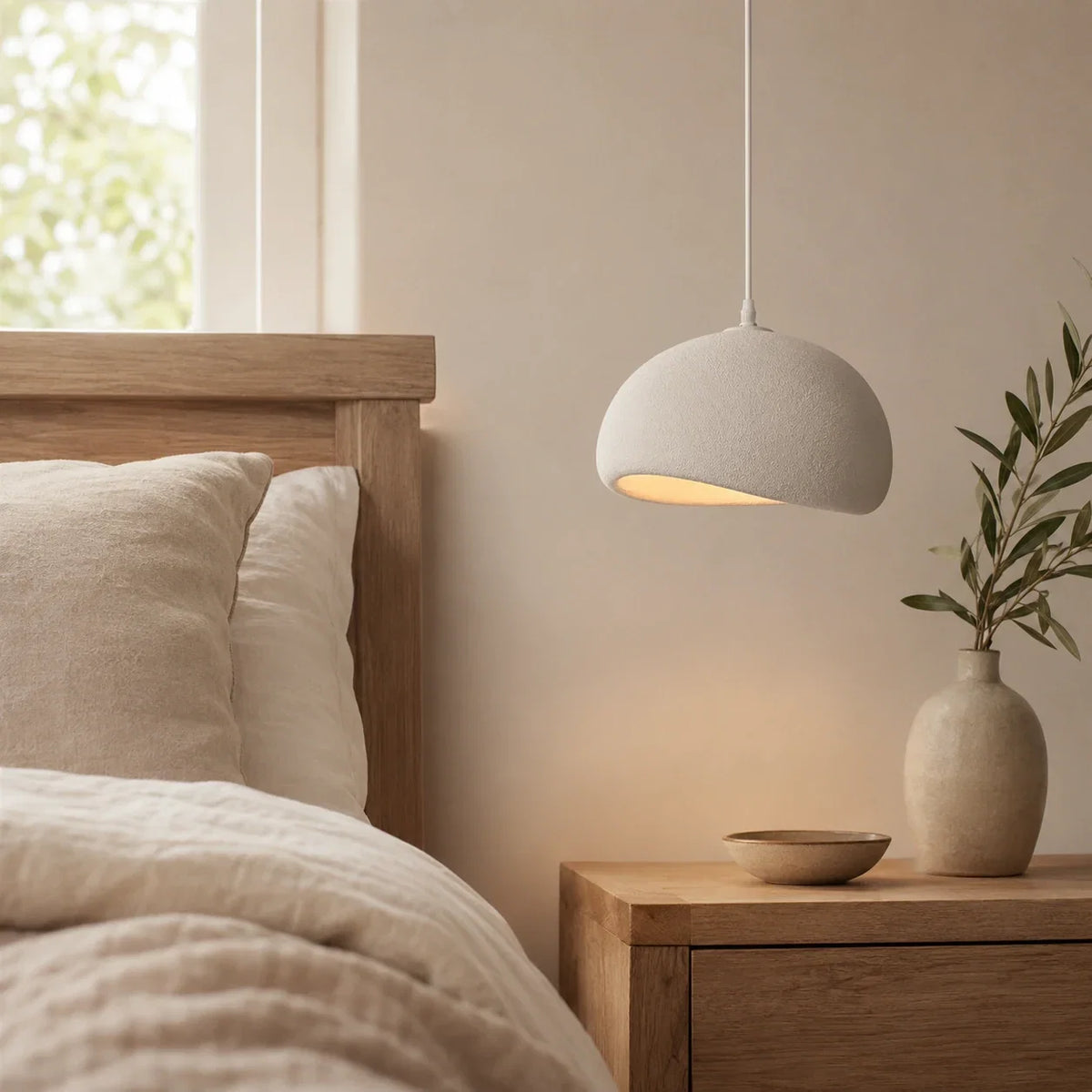 Weiße Japandi-Pendelleuchte neben dem Bett im Schlafzimmer