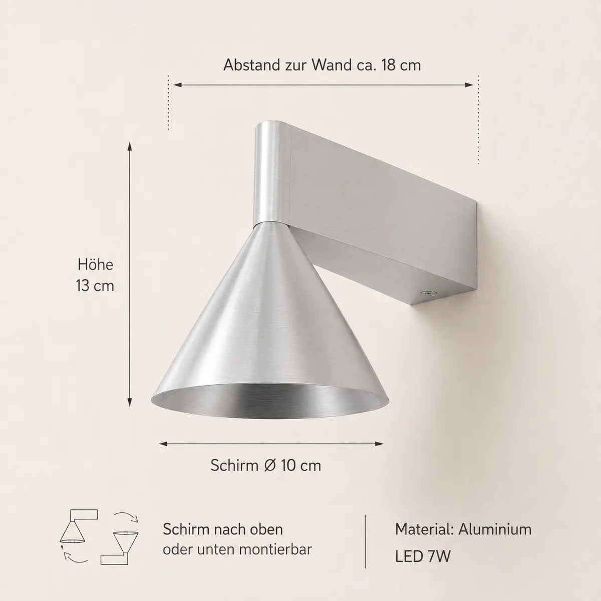 Maße der konischen Aluminium-Wandleuchte mit Ø 10 cm Schirm