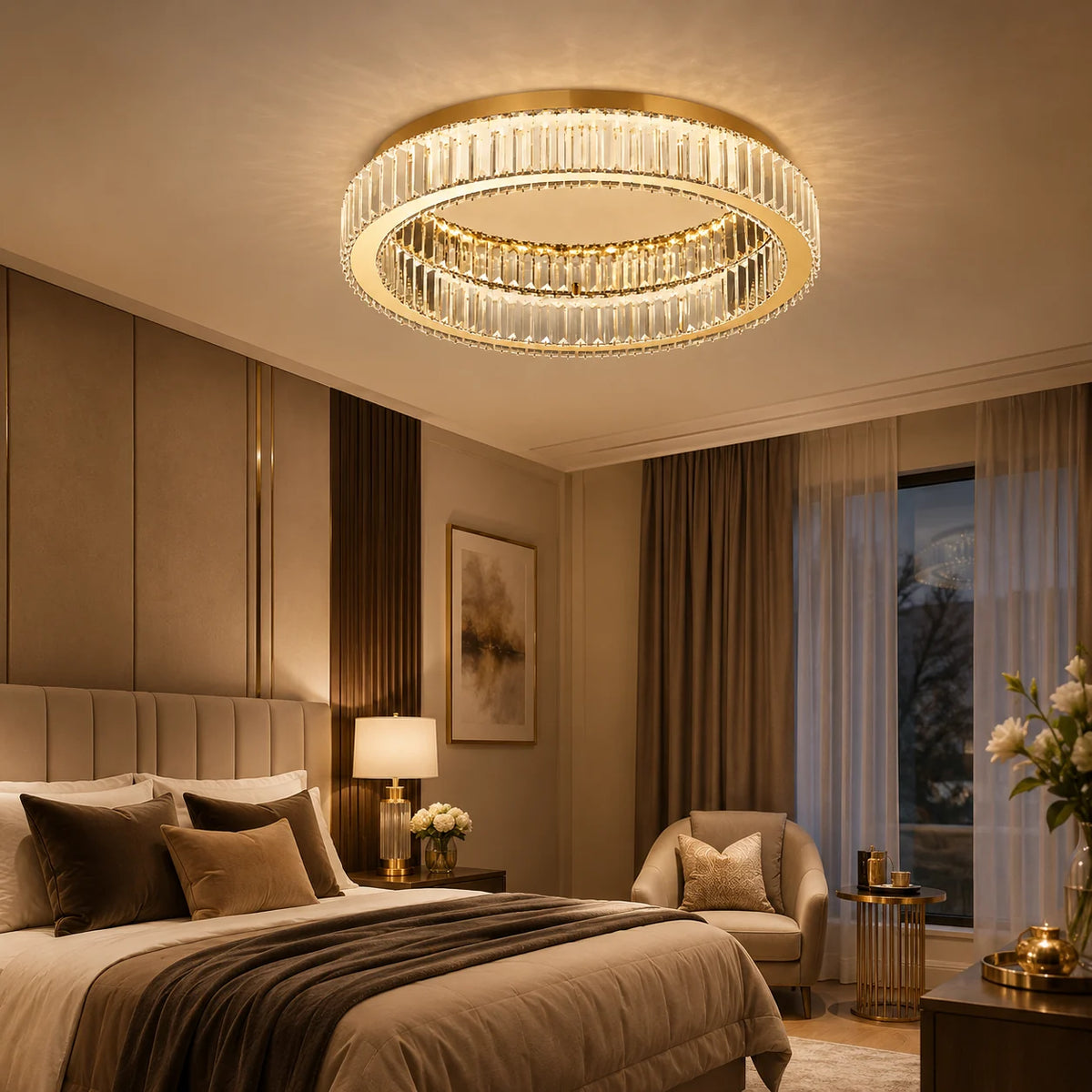 Goldene Kristall-Deckenleuchte im Schlafzimmer