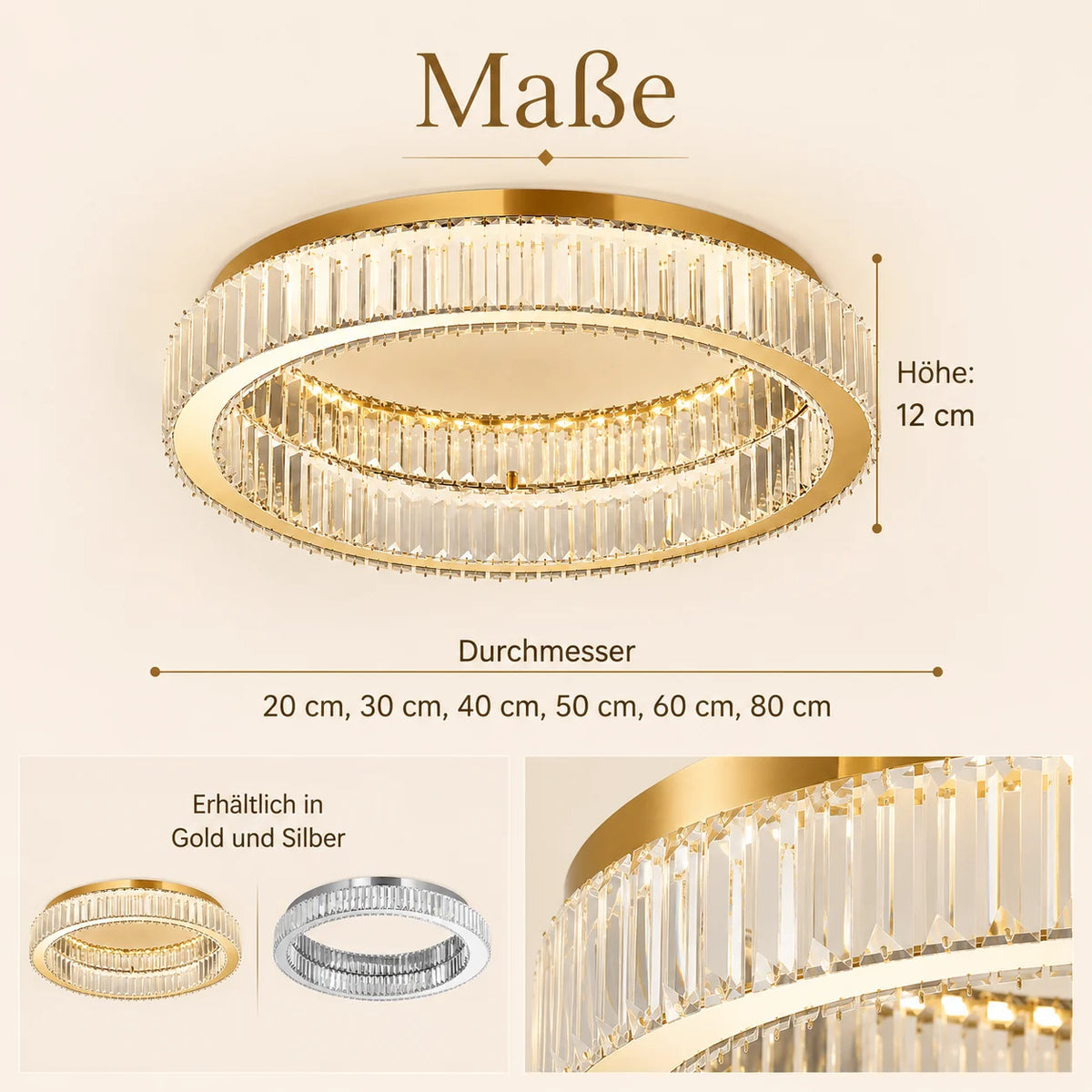 Maße und Ausführungen der runden Kristall-Deckenleuchte