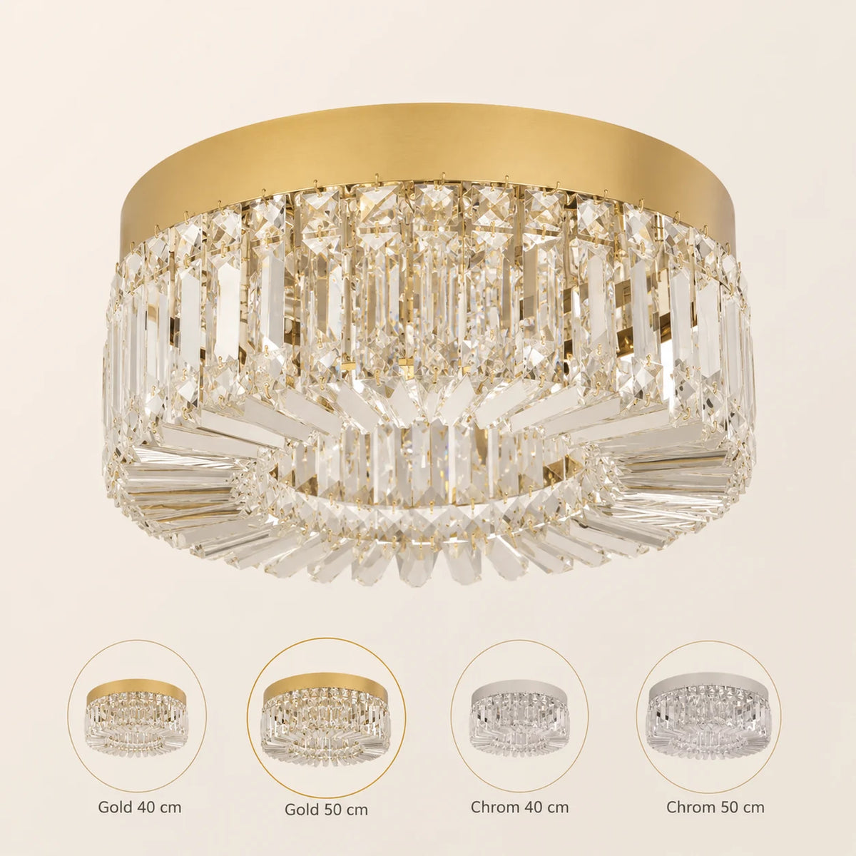 Varianten der Kristall-Deckenleuchte in Gold und Chrom
