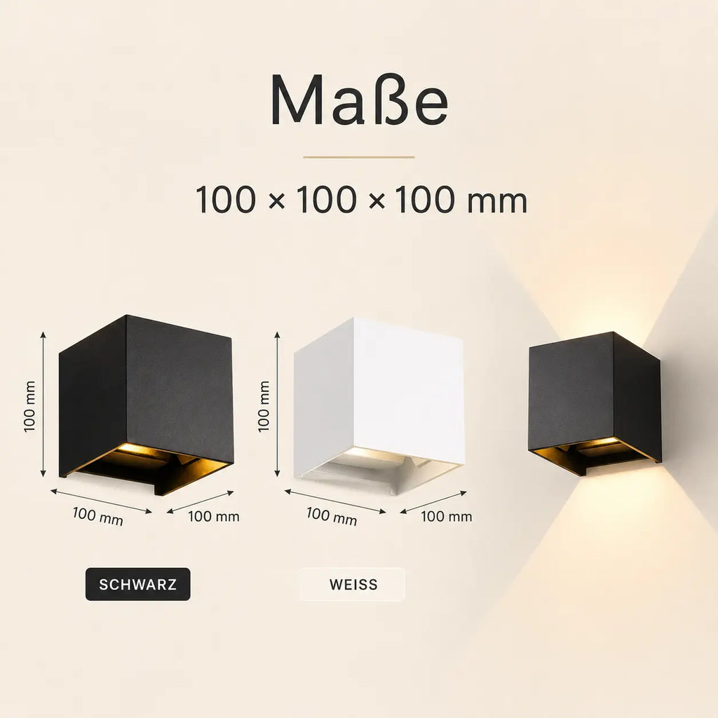 Abmessungen der LED-Außenwandleuchte: 10 × 10 × 10 cm