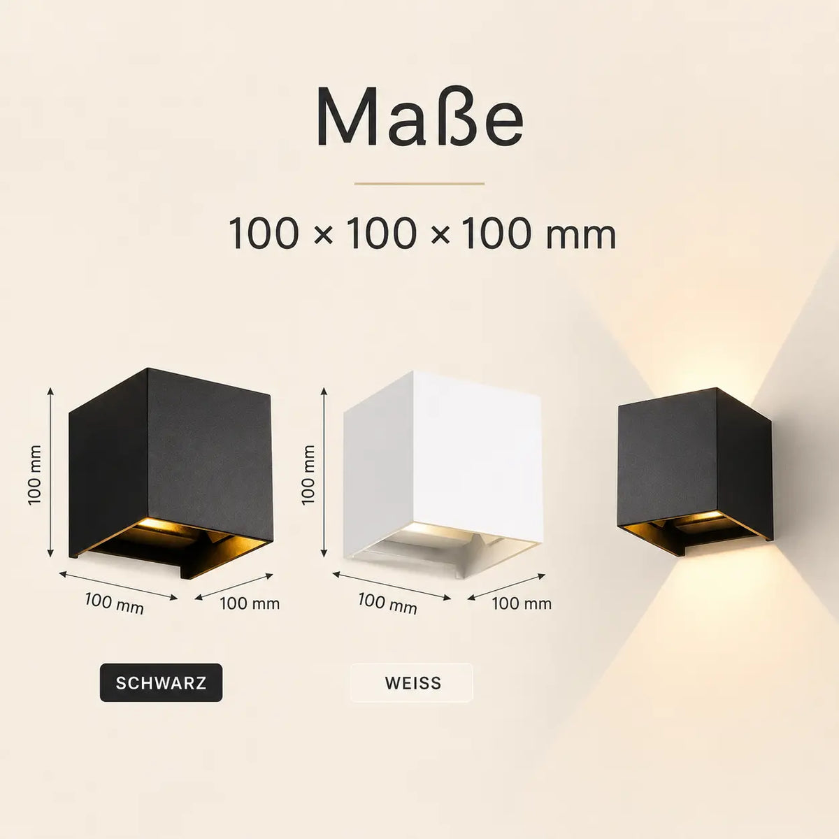Abmessungen der LED-Außenwandleuchte: 10 × 10 × 10 cm