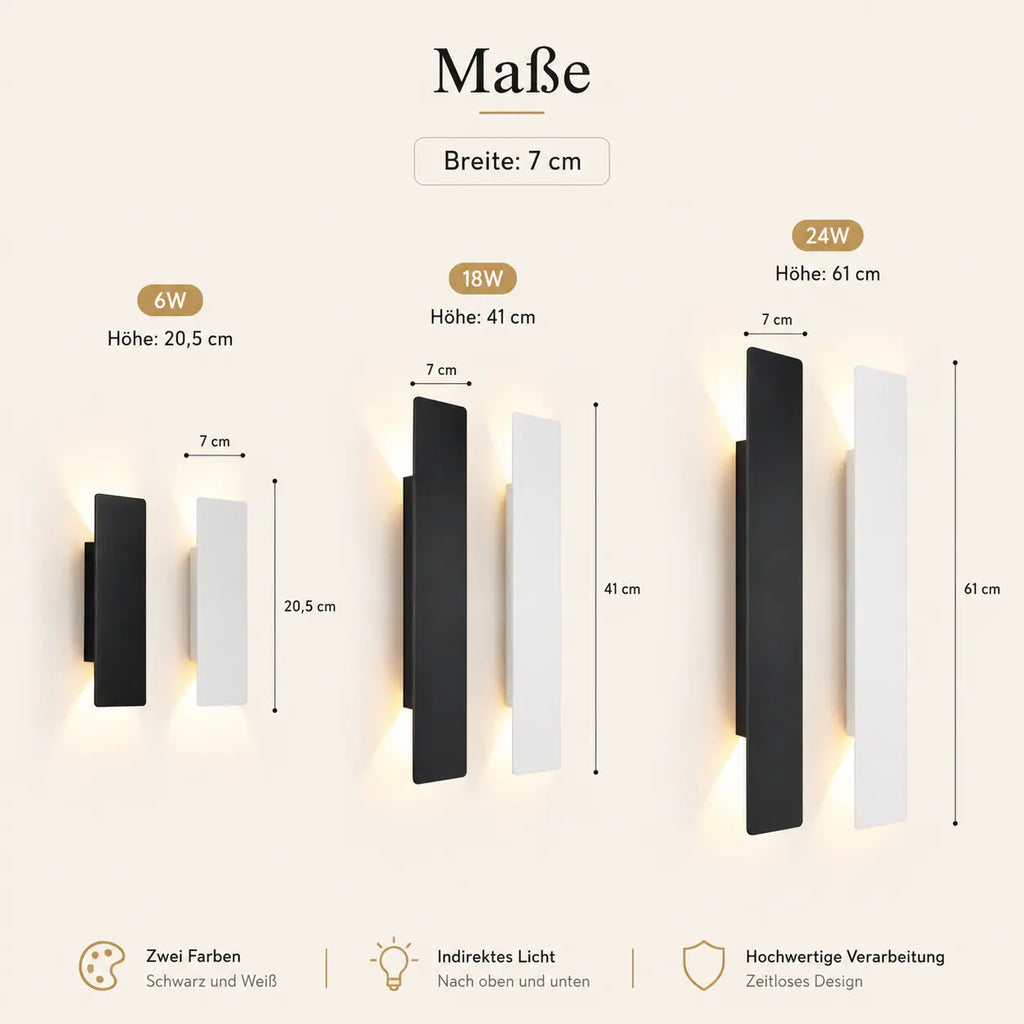 Maße der LED-Außenwandleuchte: 7 cm Breite sowie 20,5 cm, 41 cm oder 61 cm Höhe