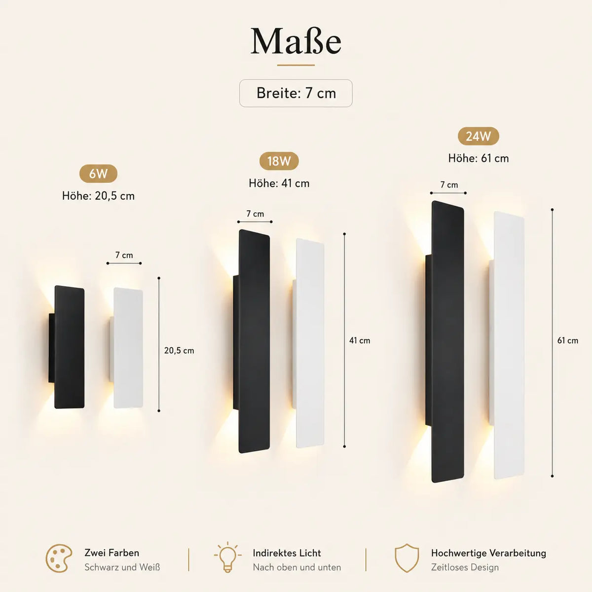 Maße der LED-Außenwandleuchte: 7 cm Breite sowie 20,5 cm, 41 cm oder 61 cm Höhe