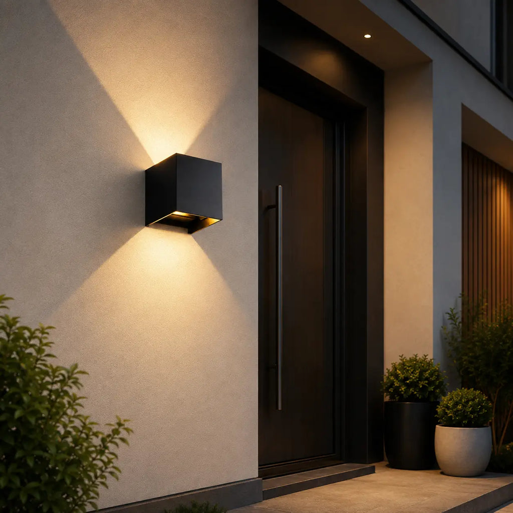 Schwarze LED-Außenwandleuchte aus Aluminium mit IP65 am Hauseingang