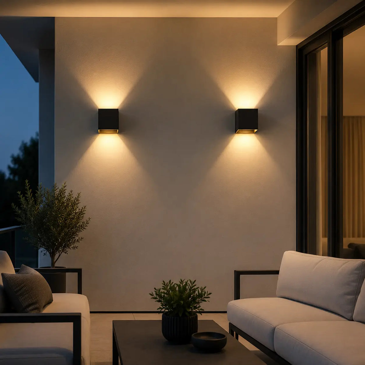 Zwei schwarze LED-Außenwandleuchten an einer modernen Hausfassade