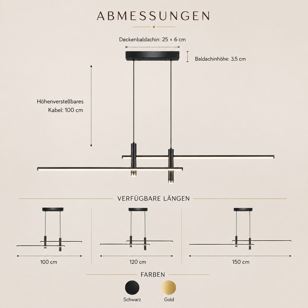 Abmessungen der linearen LED-Pendelleuchte in Schwarz und Gold
