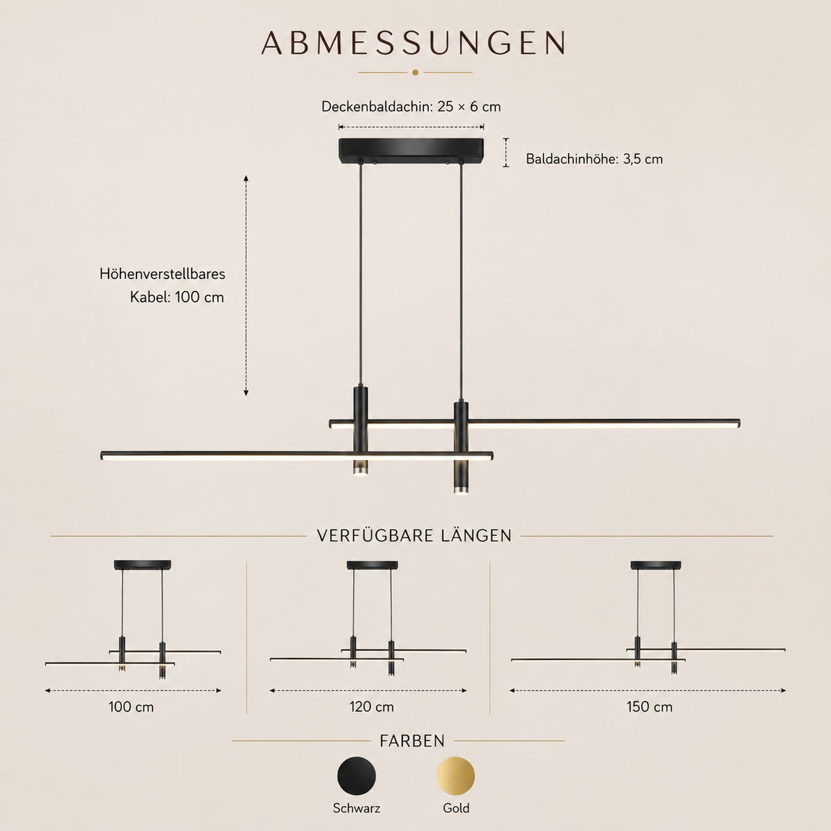 Abmessungen der linearen LED-Pendelleuchte in Schwarz und Gold