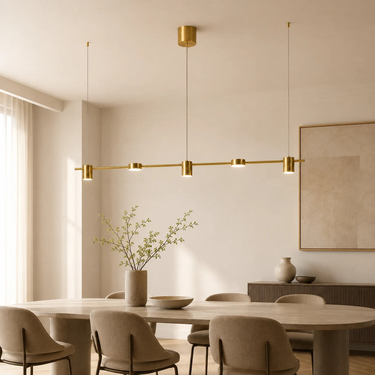 Goldene lineare LED-Pendelleuchte über einem Esstisch
