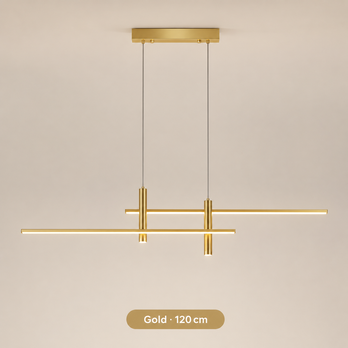 Lineare LED-Pendelleuchte in Gold mit zwei Leuchtprofilen, 120 cm