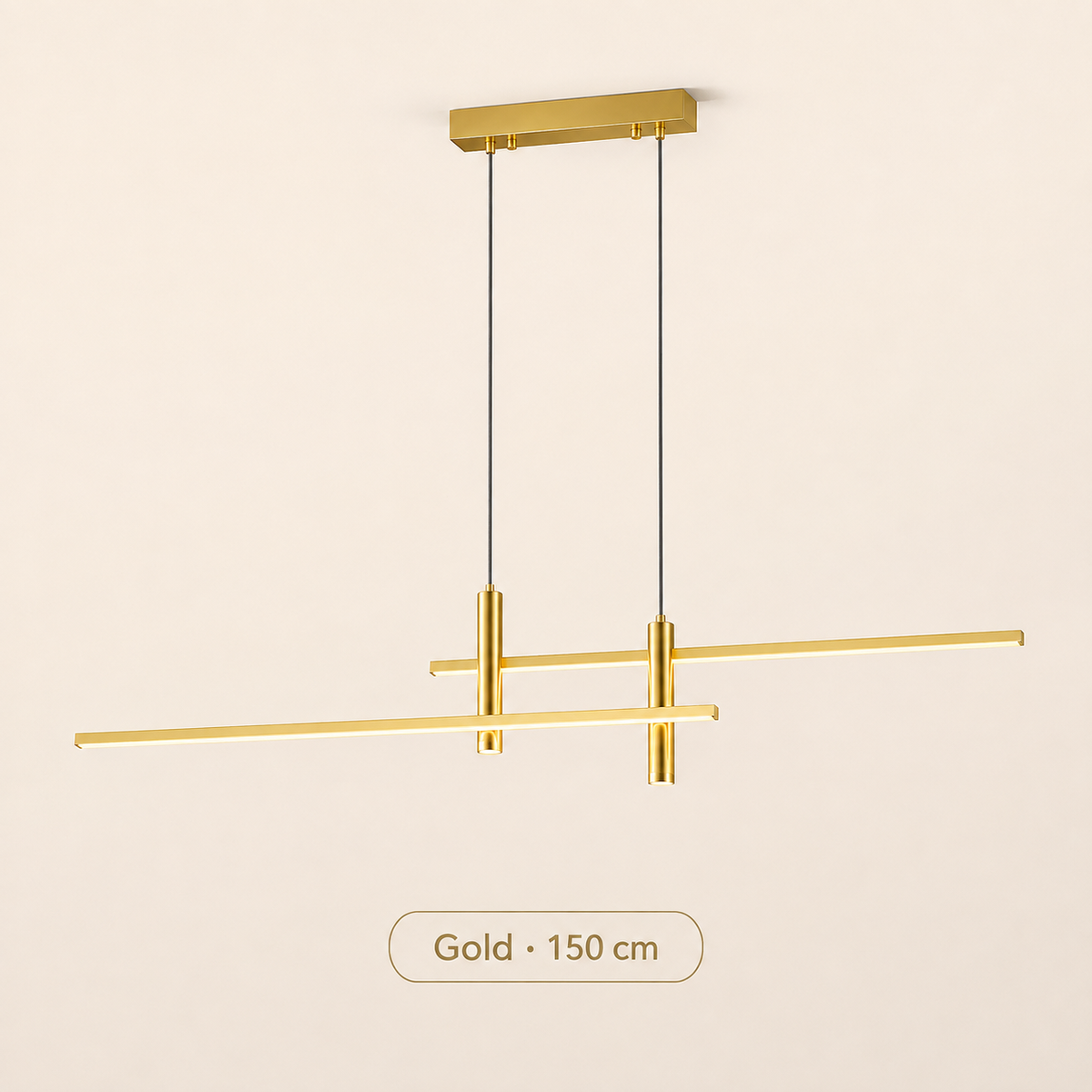 Lineare LED-Pendelleuchte in Gold mit zwei Leuchtprofilen, 150 cm