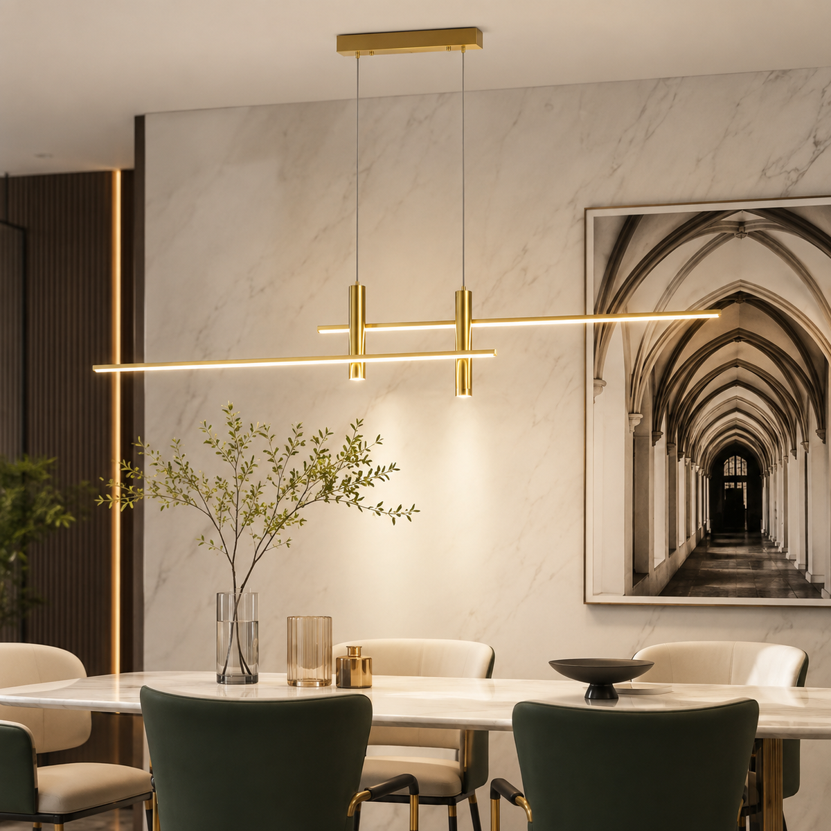 Lineare LED-Pendelleuchte in Gold über einem Esstisch