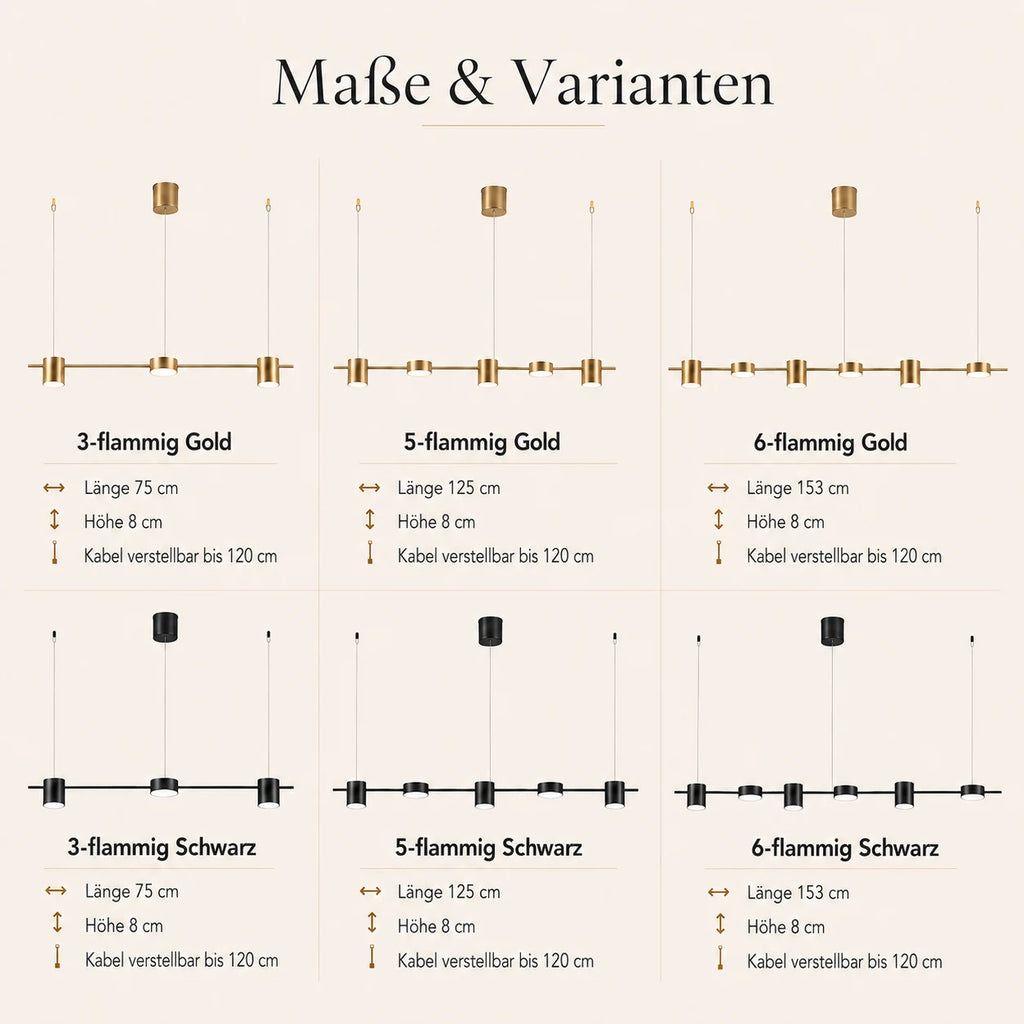 Maße der linearen LED-Pendelleuchte mit 75, 125 und 153 cm Länge