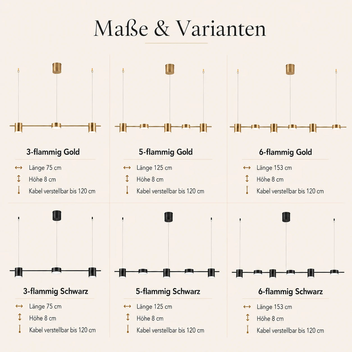 Maße der linearen LED-Pendelleuchte mit 75, 125 und 153 cm Länge