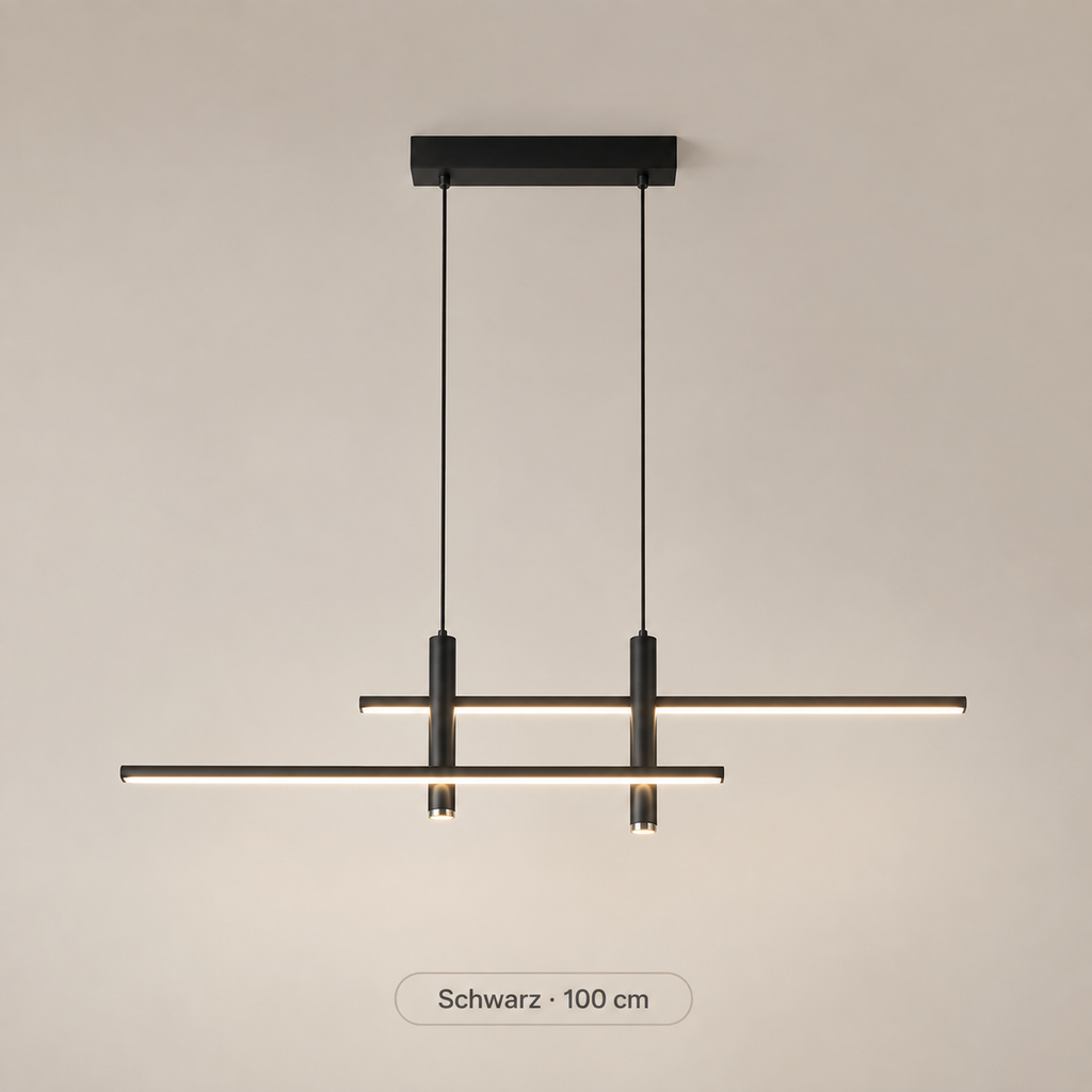 Lineare LED-Pendelleuchte in Schwarz mit zwei Leuchtprofilen, 100 cm