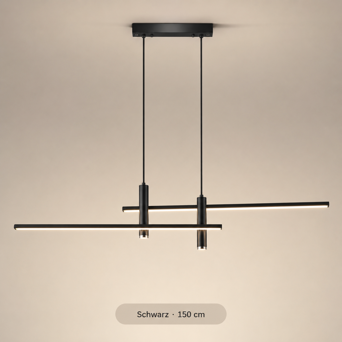 Lineare LED-Pendelleuchte in Schwarz mit zwei Leuchtprofilen, 150 cm