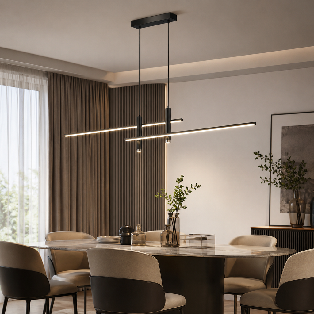 Lineare LED-Pendelleuchte in Schwarz in einem modernen Esszimmer