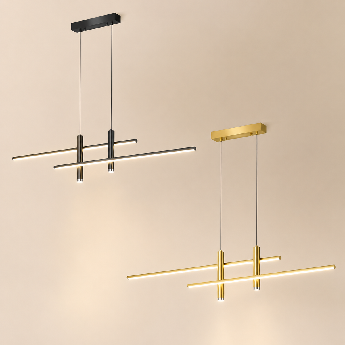 Lineare LED-Pendelleuchte in Schwarz und Gold im direkten Vergleich