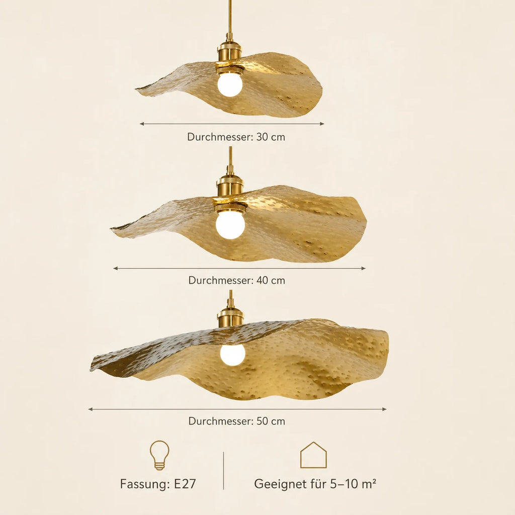 Größen und technische Details der goldenen Lotusblatt-Pendelleuchte